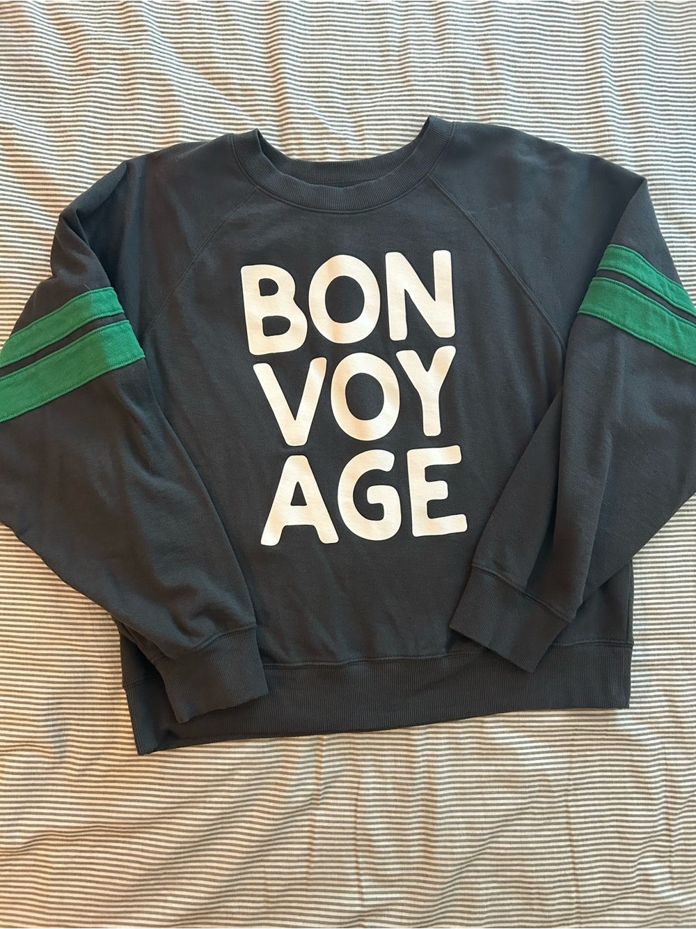 Old Navy Dark Gray Crewneck Sweater with Green Sleeve Stripes